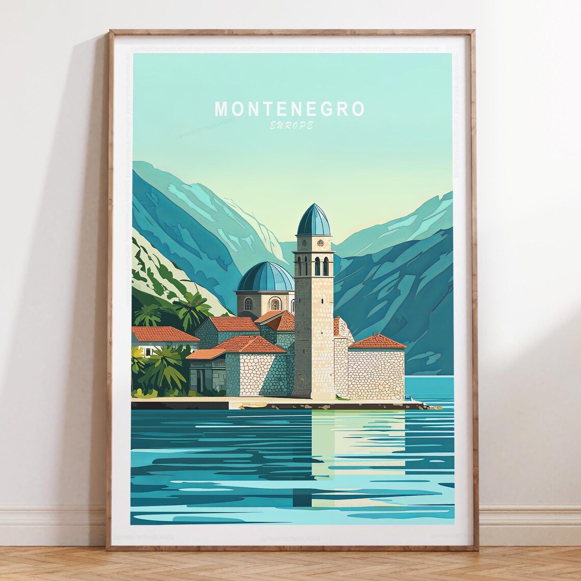 Montenegro Bell Tower Church Island On Calm Harbor Water Travel Poster