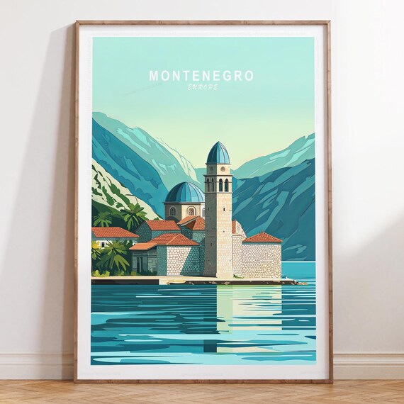 Montenegro Bell Tower Church Island On Calm Harbor Water Travel Poster