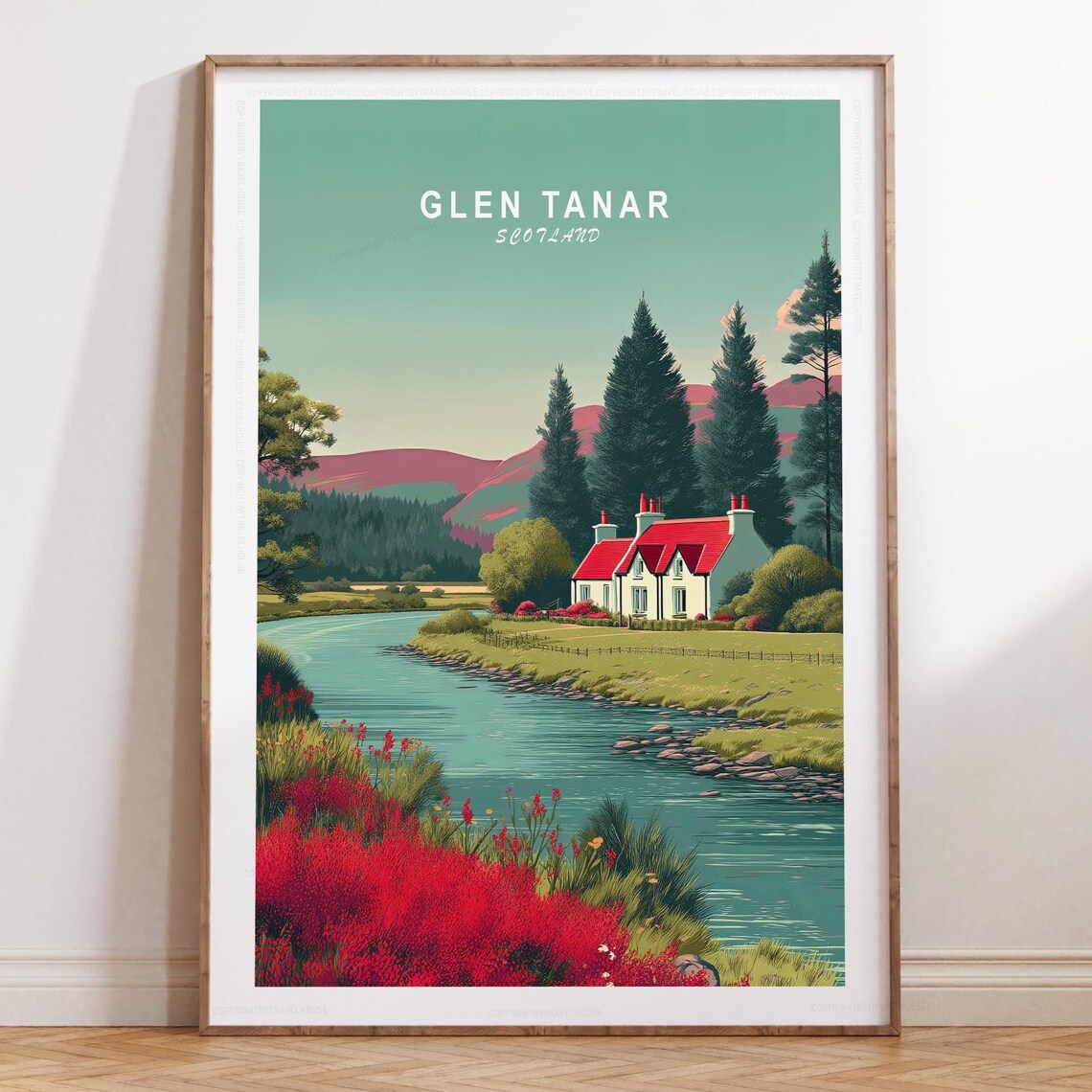 Glen Tanar Scotland Highland Cottage River Valley Vintage Travel Poster