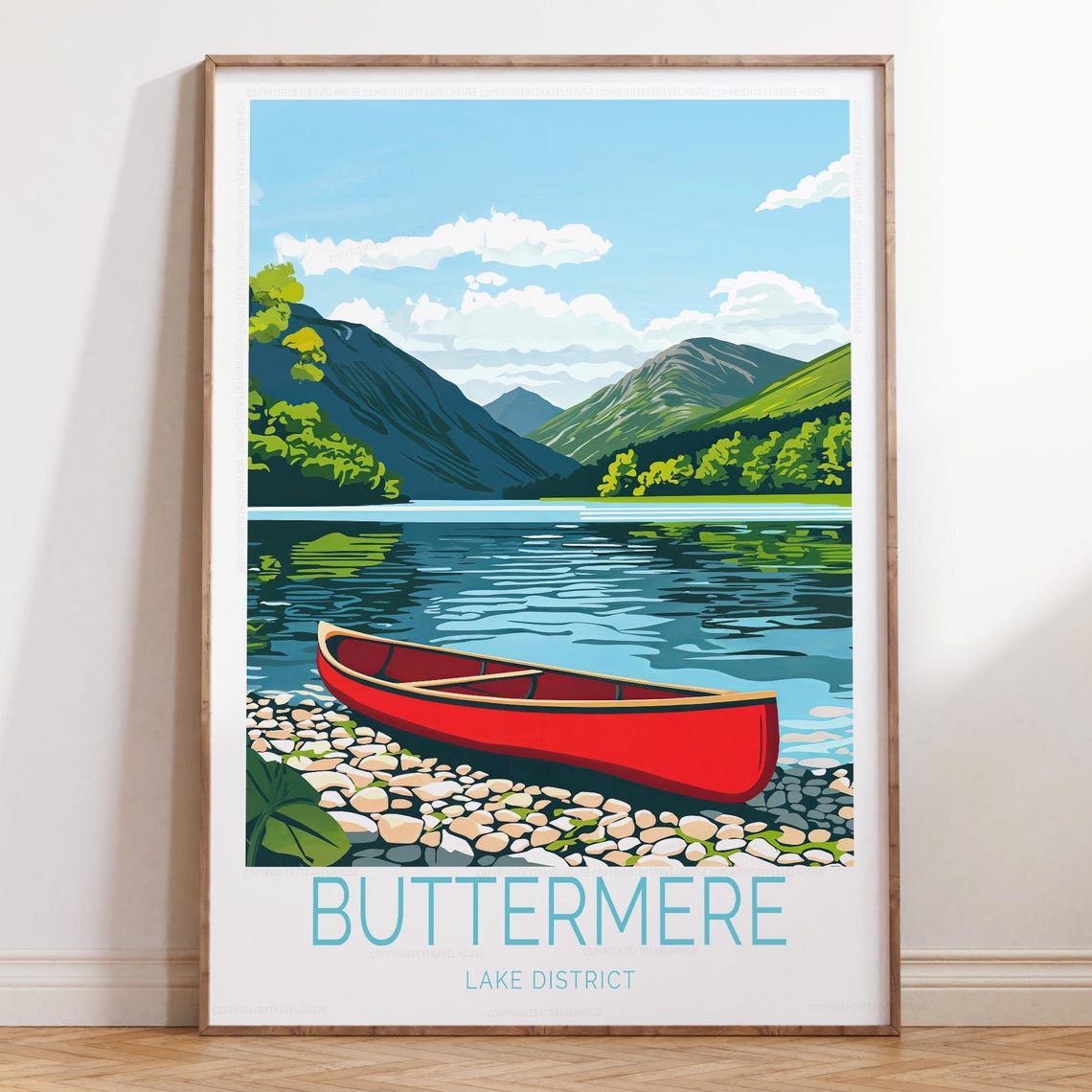 Buttermere Lake District Red Canoe Under Bright Blue Sky Poster