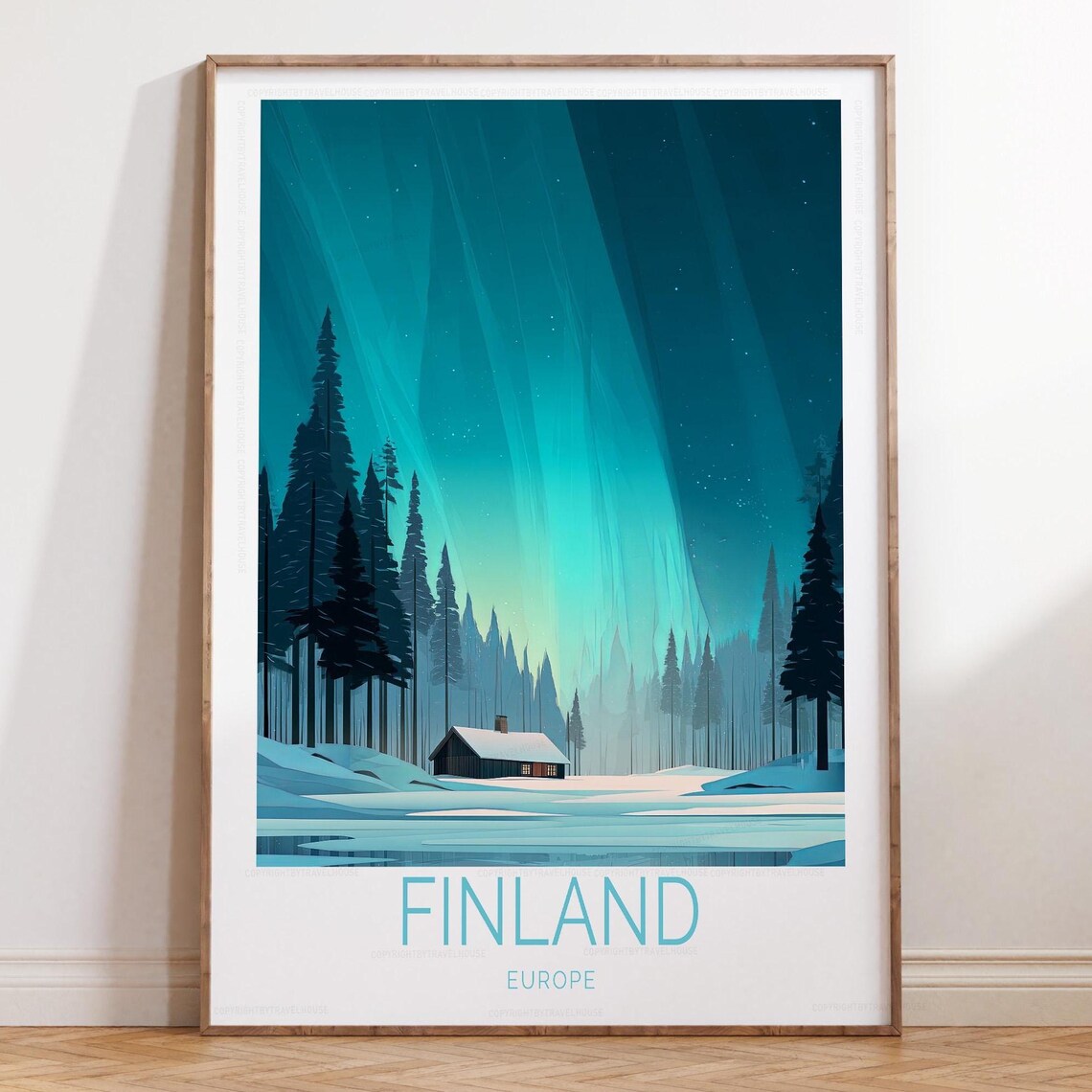 Finland Europe Northern Lights Starry Night Sky Travel Poster