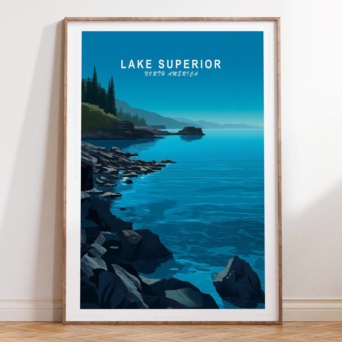 Lake Superior Minimalist Blue Rocky Shoreline Travel Art Poster