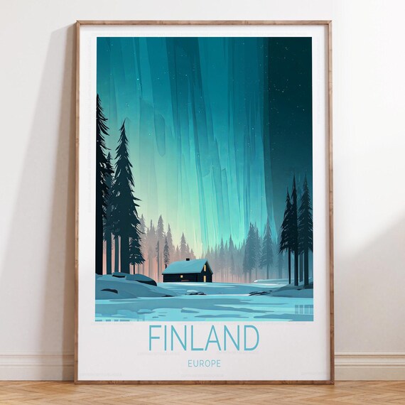 Finland Europe Northern Lights Cabin Winter Night Travel Poster