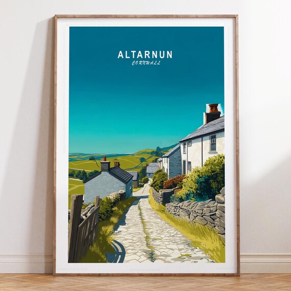Altarnun Cornwall Village Lane Travel Poster with Stone Cottages