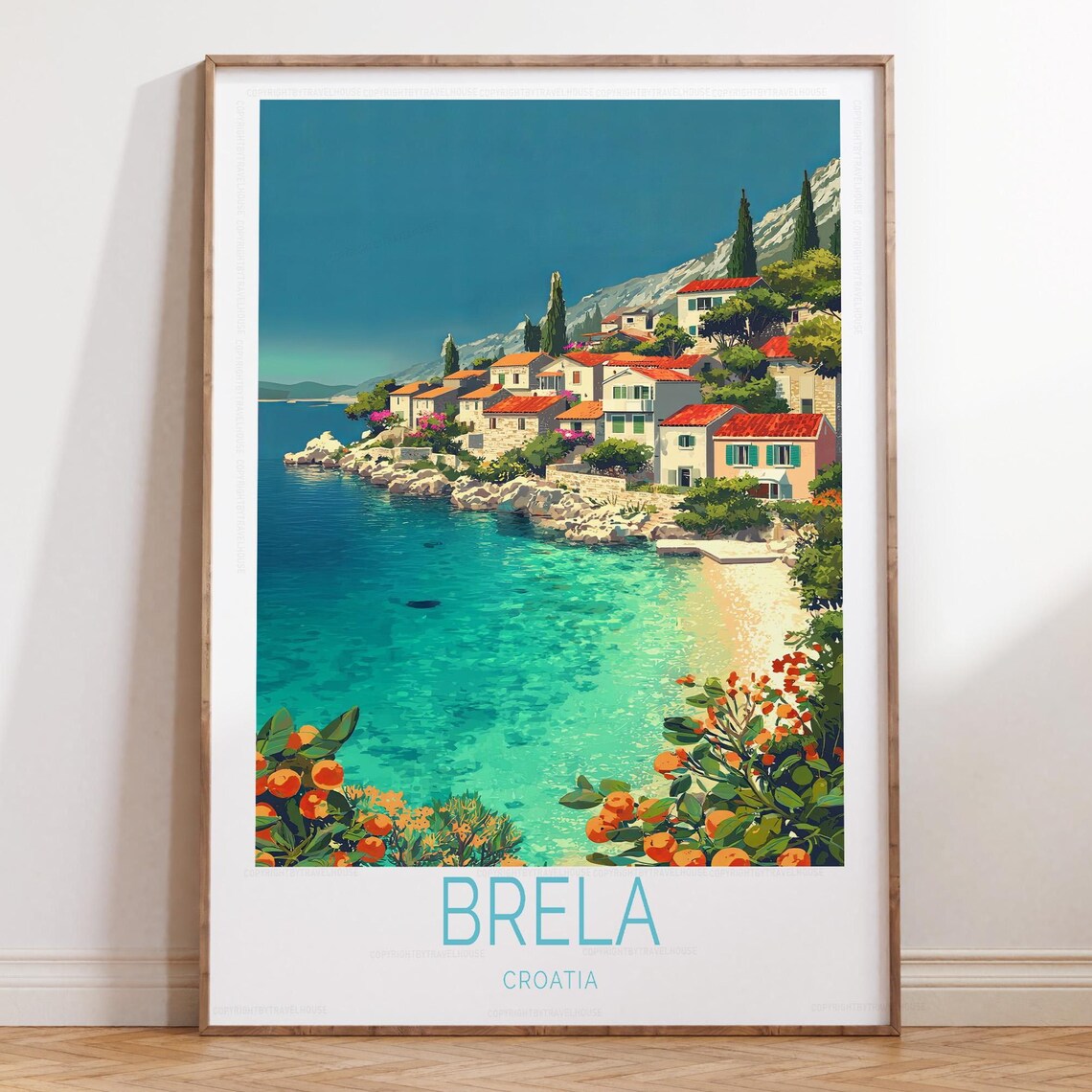 Brela Croatia Turquoise Bay Beach Village Vintage Travel Poster