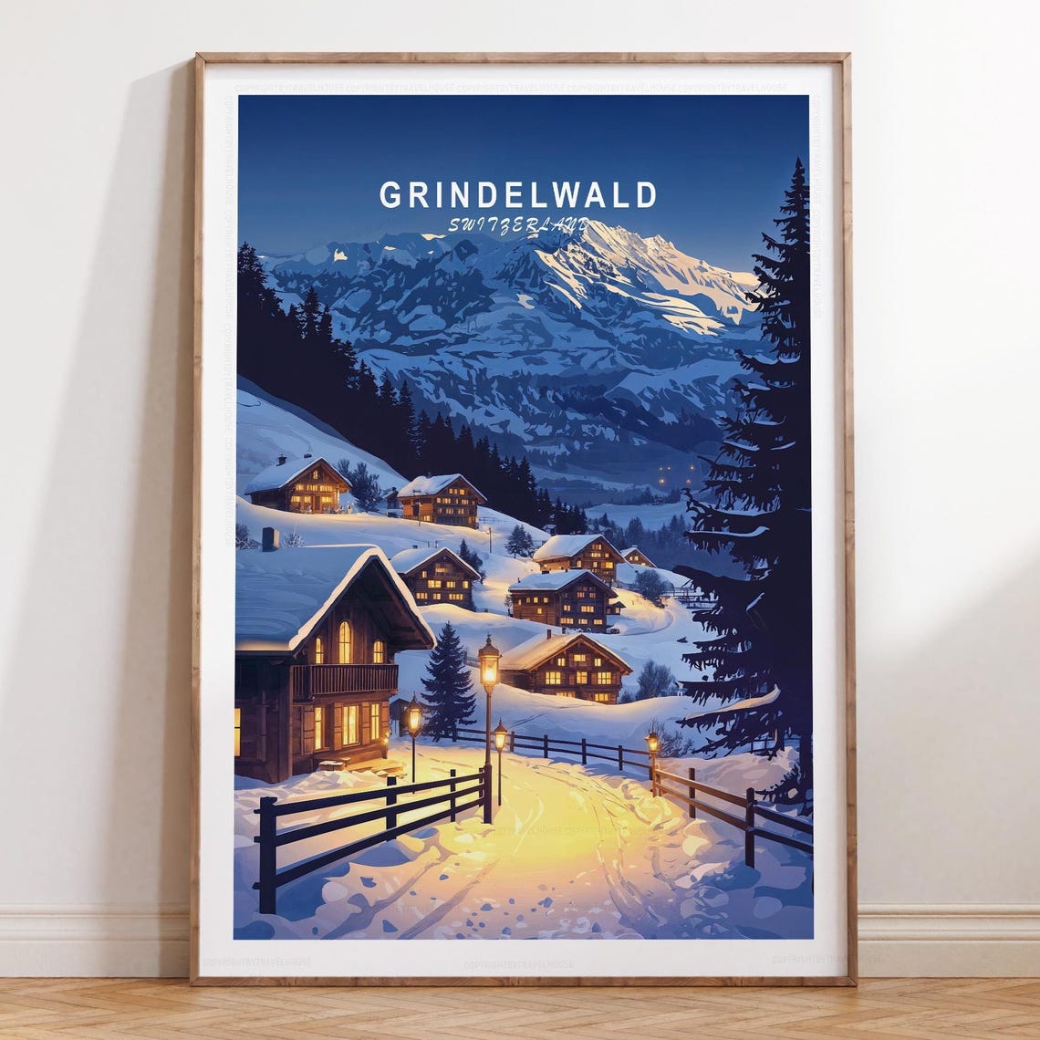 Grindelwald Switzerland Alpine Village Beneath Moonlit Snow Poster