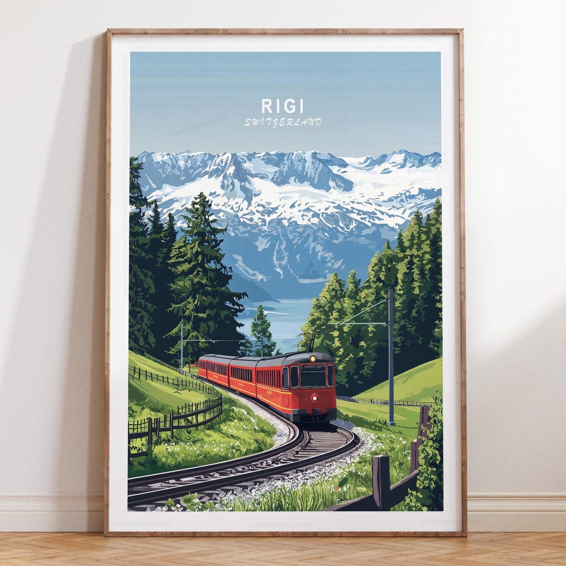Rigi Switzerland Alpine Train Poster with Title Above Snowy Peaks