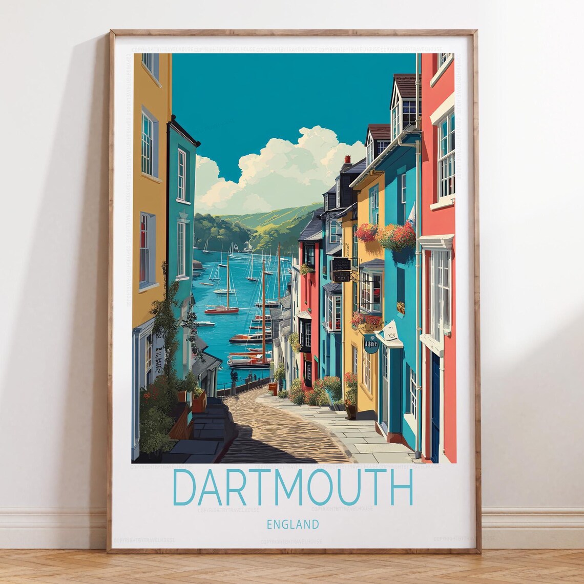 Dartmouth England Steep Colorful Lane Sailboat Bay Travel Poster