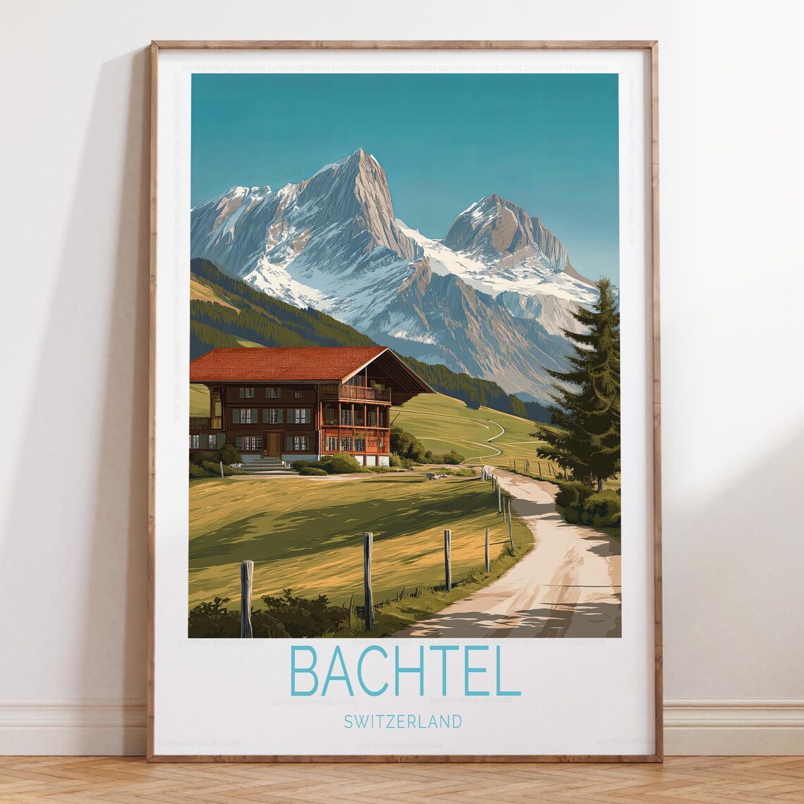 Bachtel Switzerland Alpine Chalet Snowy Peaks Illustrated Poster
