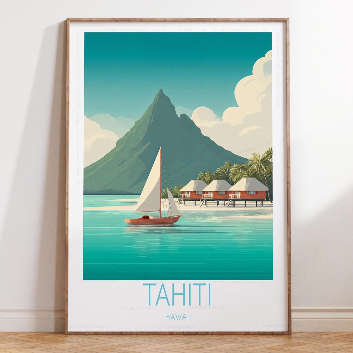Tahiti Overwater Bungalow Sailboat Tropical Lagoon Travel Poster