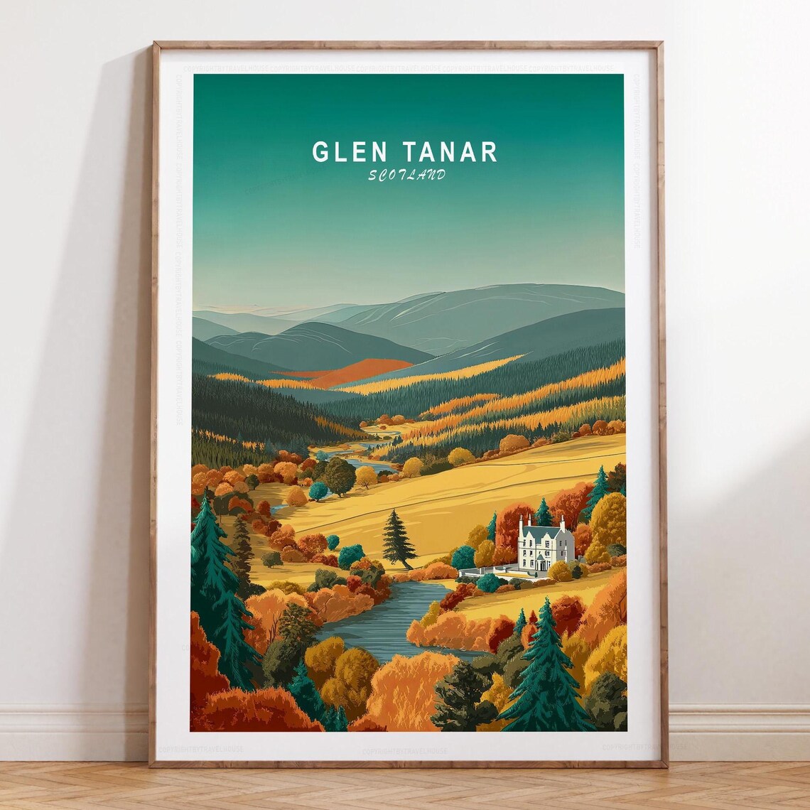 Glen Tanar Scotland Autumn Travel Poster With River and Manor House