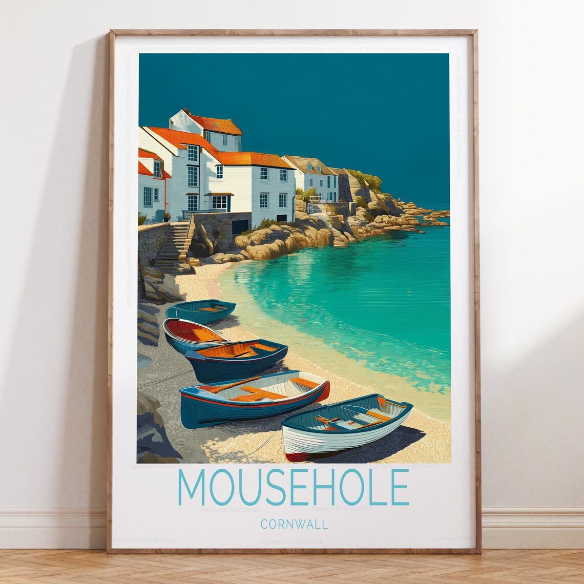 Mousehole Cornwall Fishing Boats On Sandy Beach Village Travel Poster