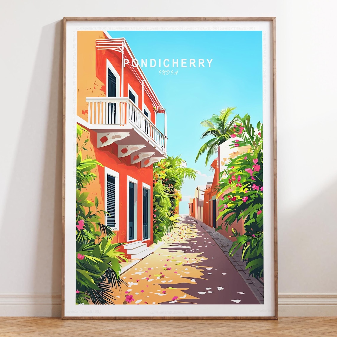 Pondicherry India Colonial Street Bougainvillea Travel Poster