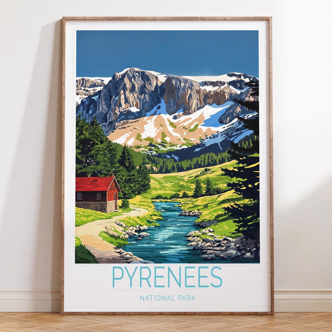 Pyrenees National Park Mountain Stream Red Wooden Cabin Poster