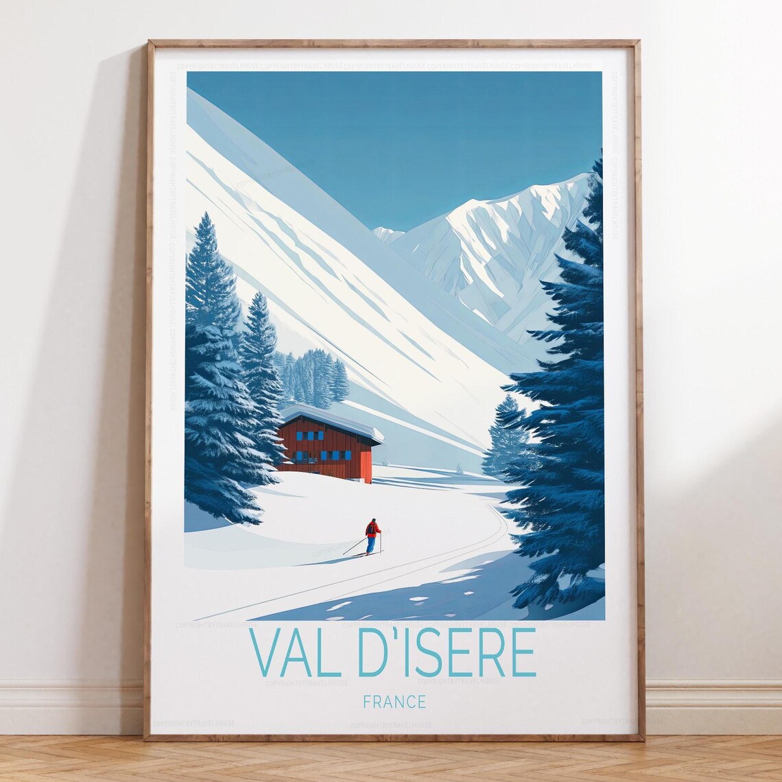 Val d'Isere France Snowy Ski Slopes Chalet Winter Travel Poster