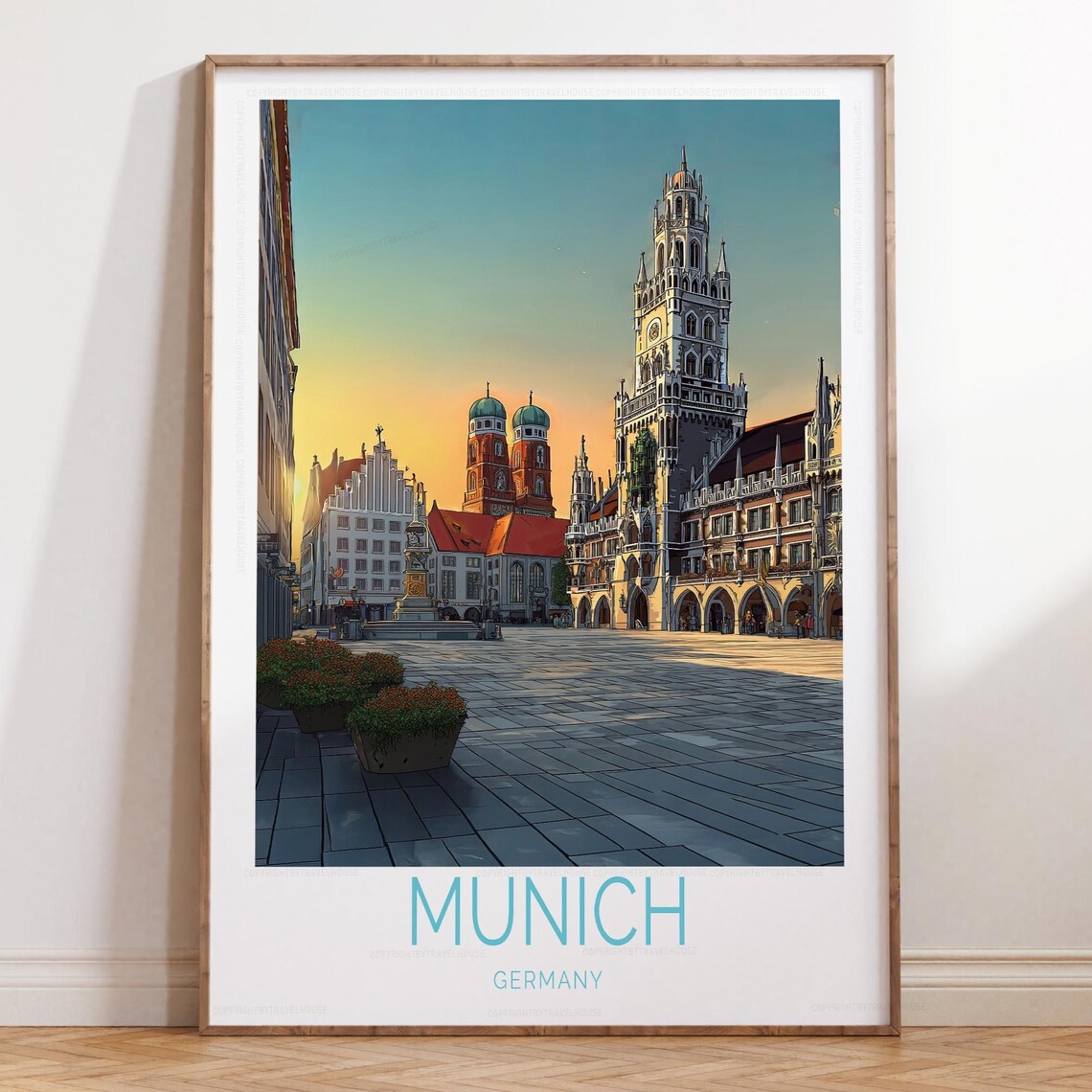 Munich Germany Marienplatz Old Town Vintage Scenic Travel Poster