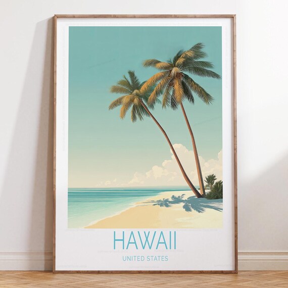 Hawaii Beach Palm Trees Tropical Turquoise Ocean Travel Poster