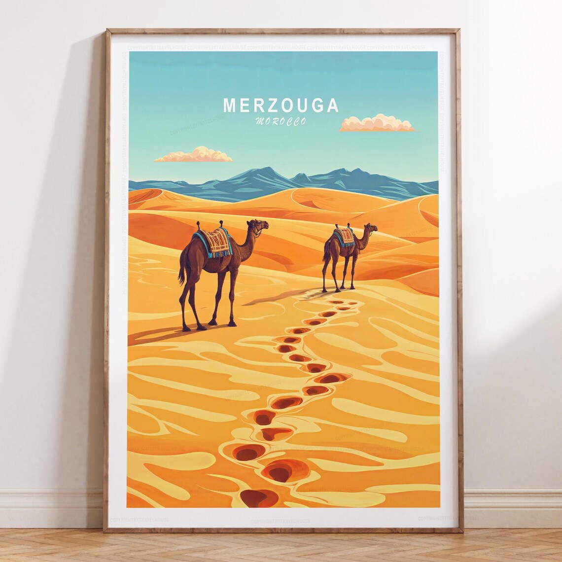 Merzouga Morocco Sahara Camel Dunes Classic Retro Travel Poster