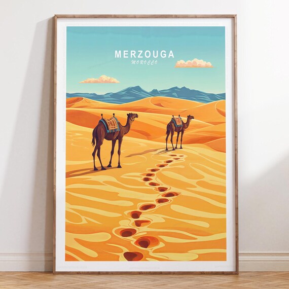 Merzouga Morocco Sahara Camel Dunes Classic Retro Travel Poster