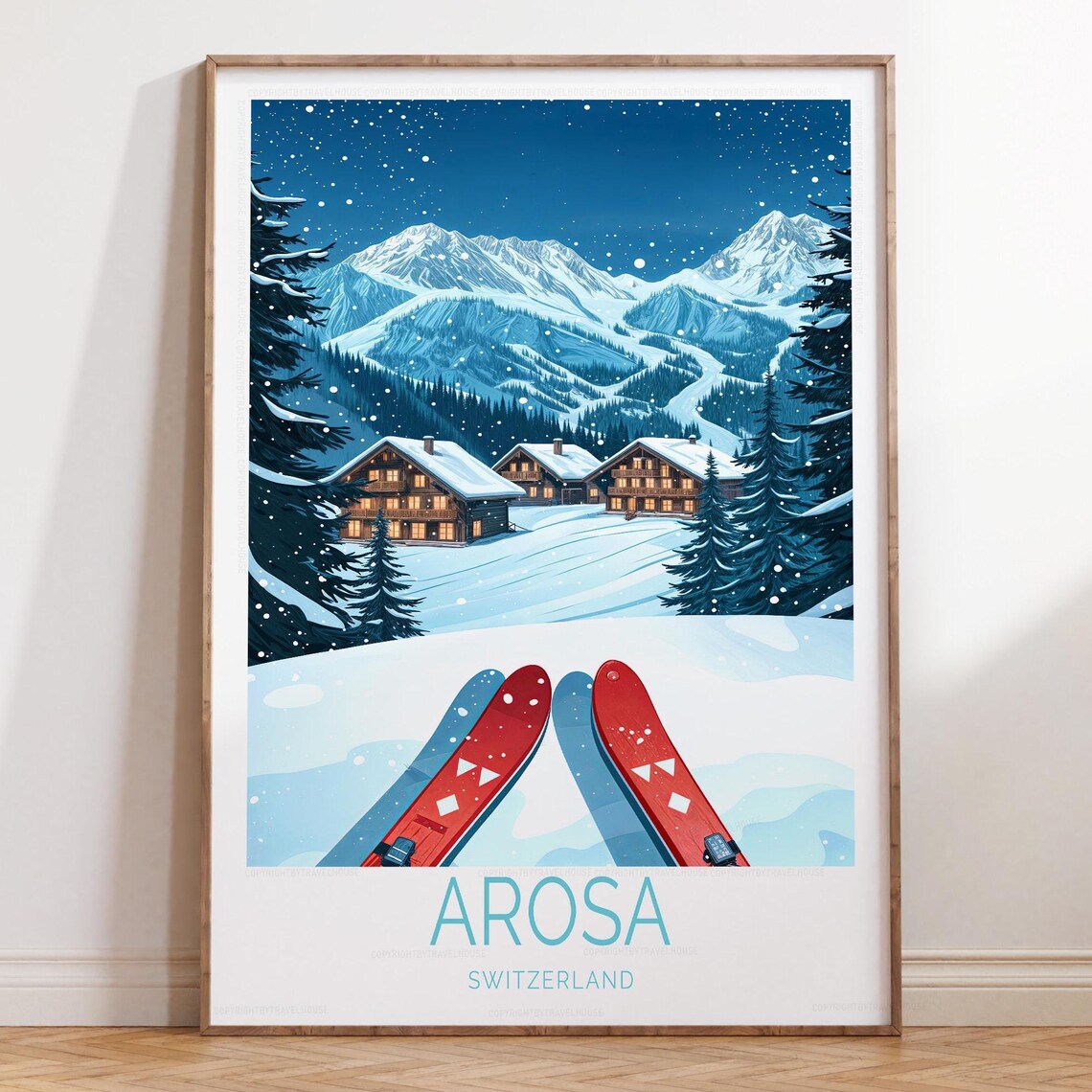 Arosa Switzerland Night Ski Chalets and Red Skis Travel Poster