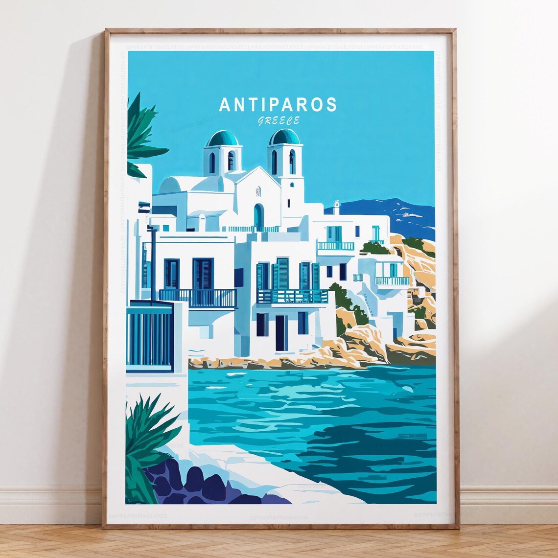 Antiparos Greece Blue Domed Church Over Bay Minimalist Travel Poster