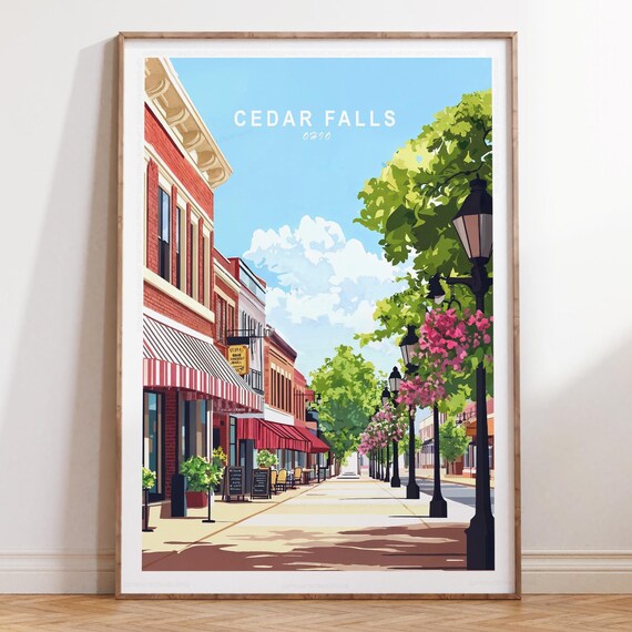 Historic Cedar Falls Ohio Brick Street Summer Travel Poster with Flower Baskets