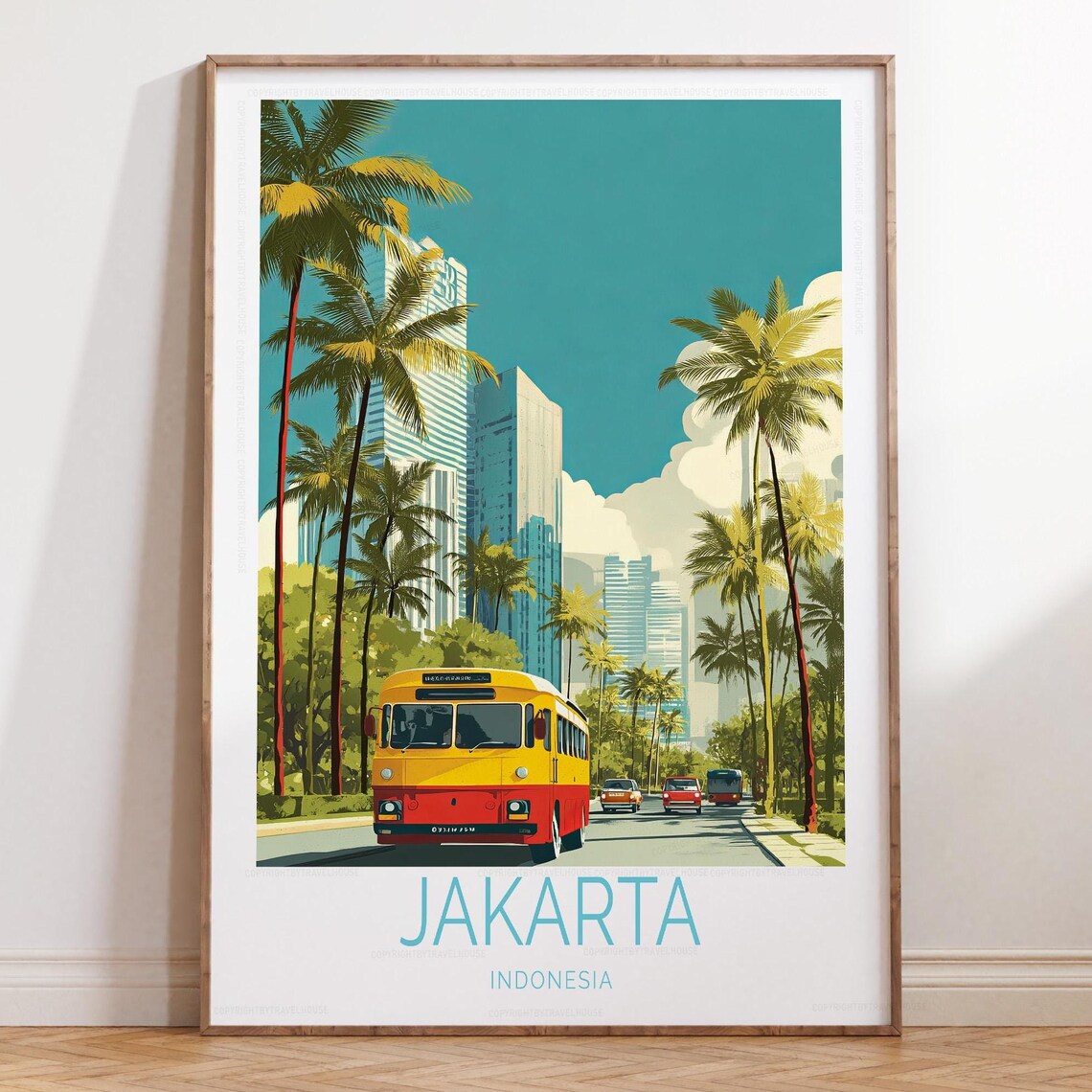 Jakarta Indonesia Retro Bus City Travel Poster Palm Trees Skyscrapers