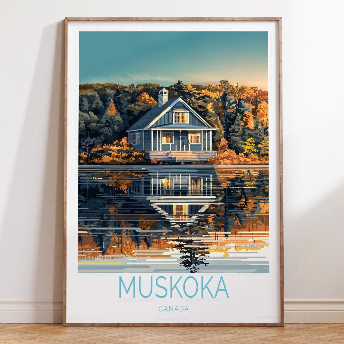 Muskoka Canada Lakeside Cottage Dusk Reflection Sunset Travel Poster
