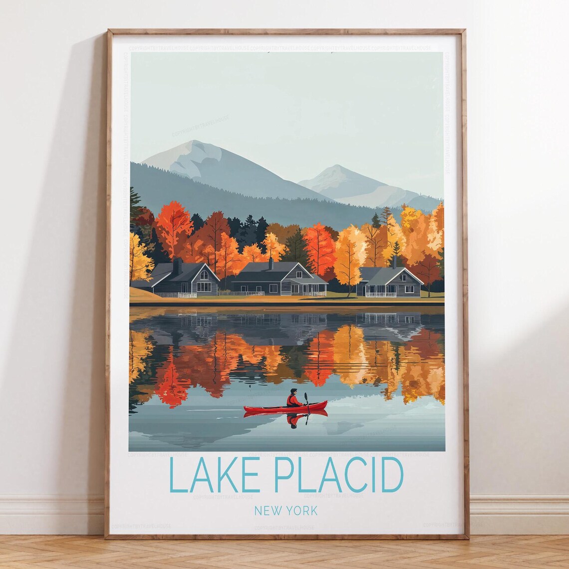 Lake Placid New York Autumn Lakeshore Cabins Kayaker Travel Poster