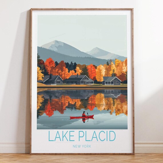 Lake Placid New York Autumn Lakeshore Cabins Kayaker Travel Poster