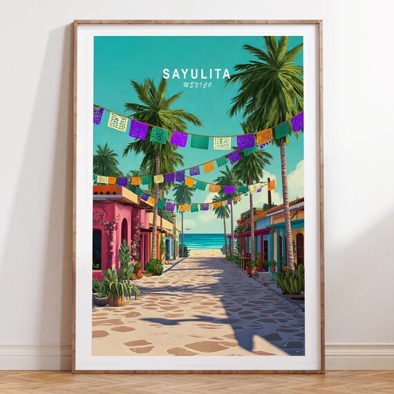 Sayulita Mexico Cobblestone Street Colorful Buildings Poster