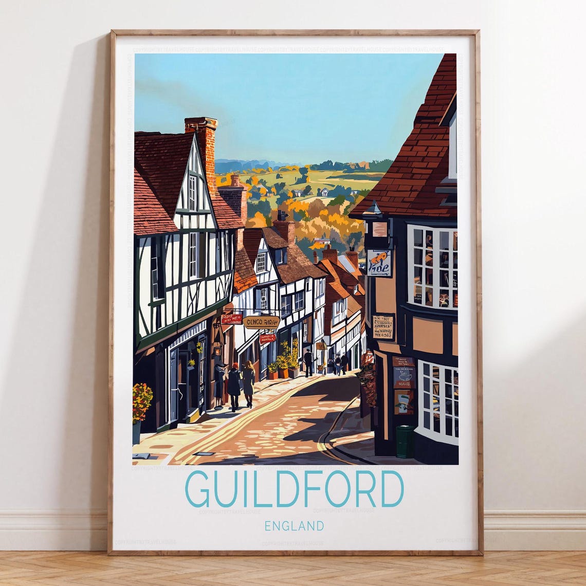 Guildford England Narrow Cobbled Lane Shops Autumn Town Poster