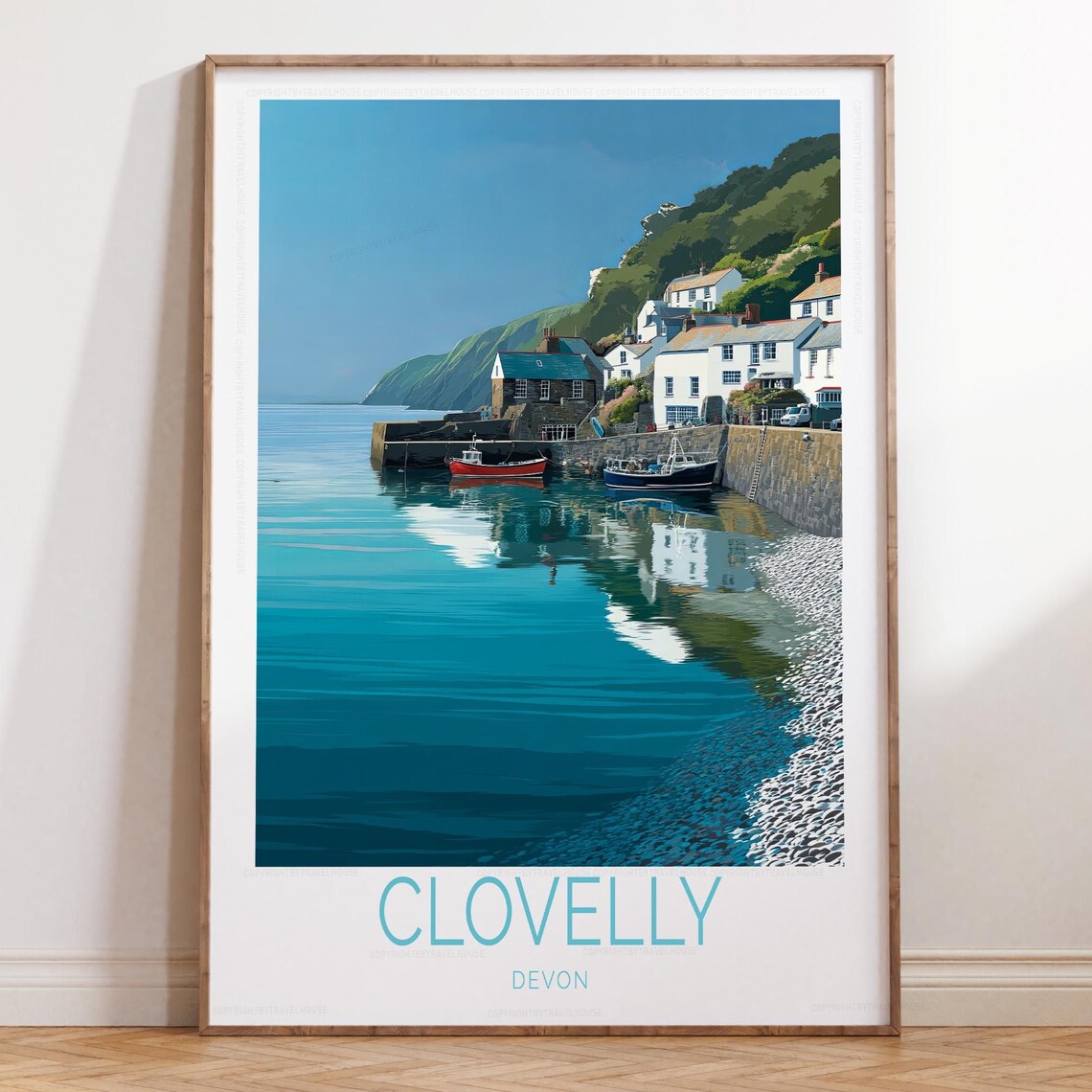Clovelly Devon Harbor Travel Poster Boats Reflected in Blue Water