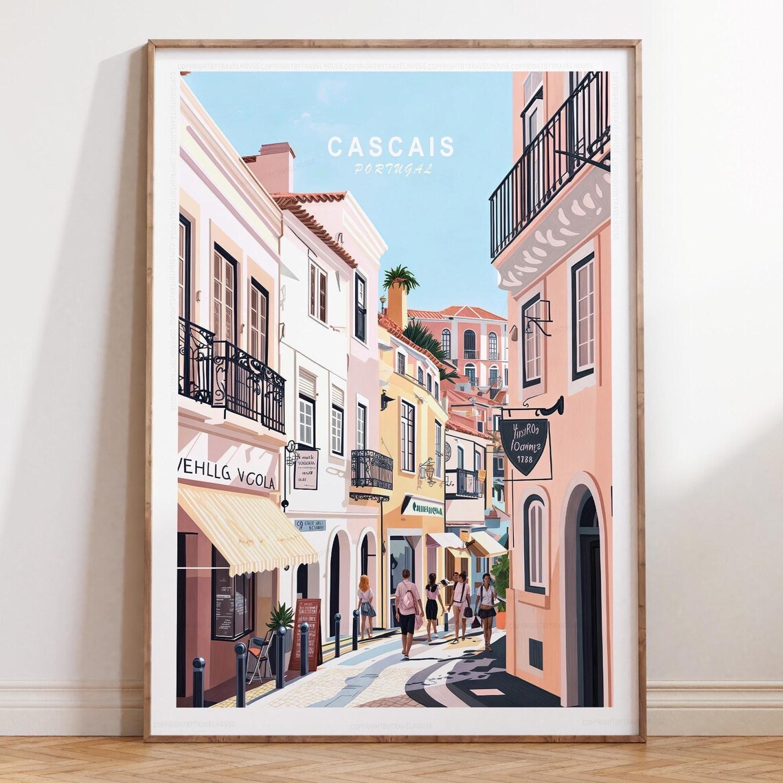 Cascais Portugal Sunlit Street Scene Travel Poster with Title Above