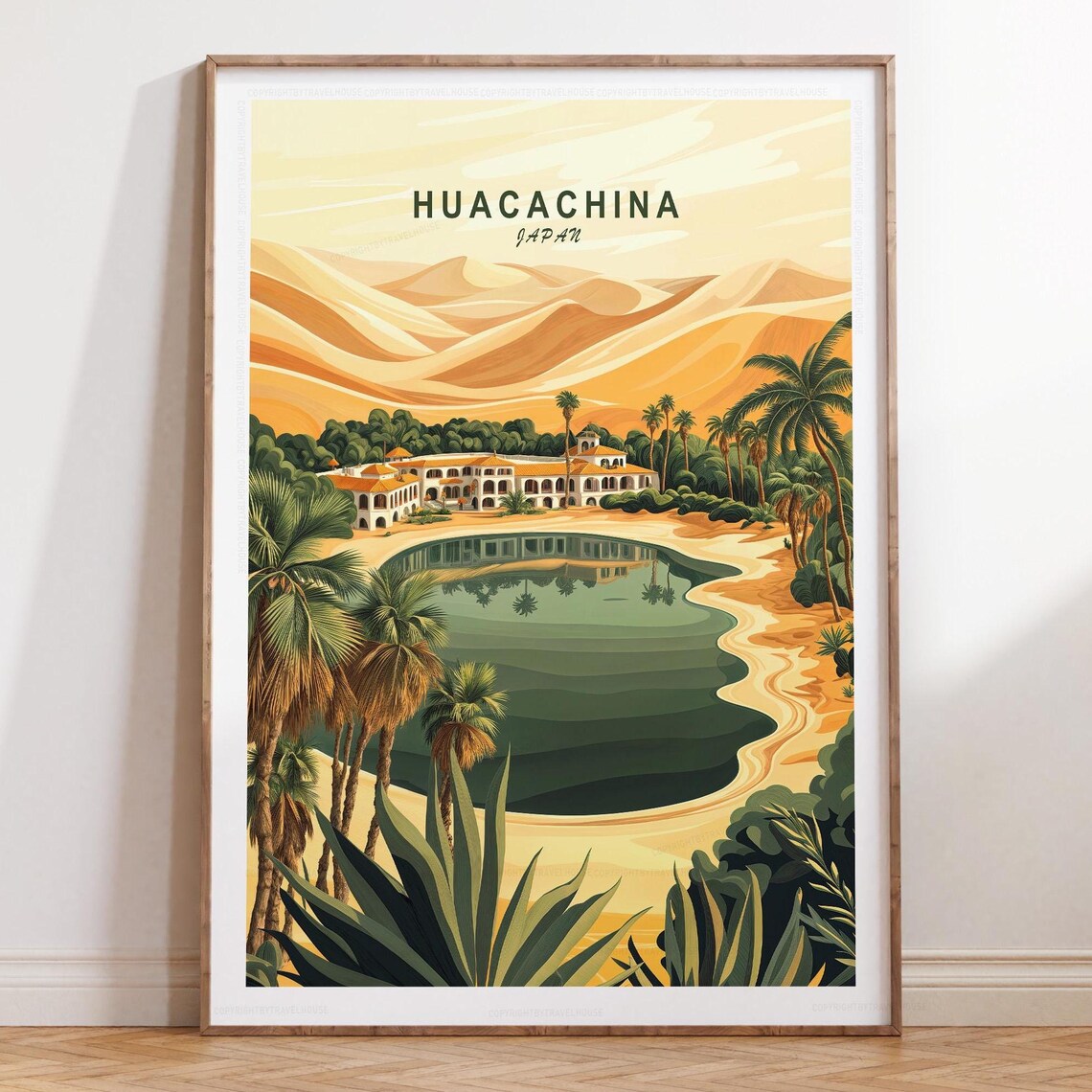 Huacachina Peru Golden Desert Dunes Oasis Sunset Travel Poster
