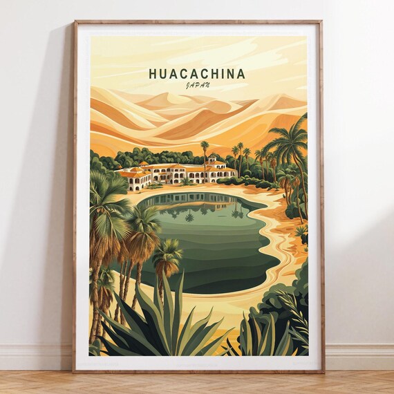 Huacachina Peru Golden Desert Dunes Oasis Sunset Travel Poster