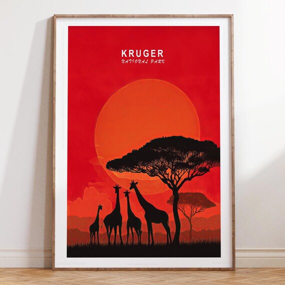 Kruger National Park Giraffe Herd Red Sunset Safari Travel Poster