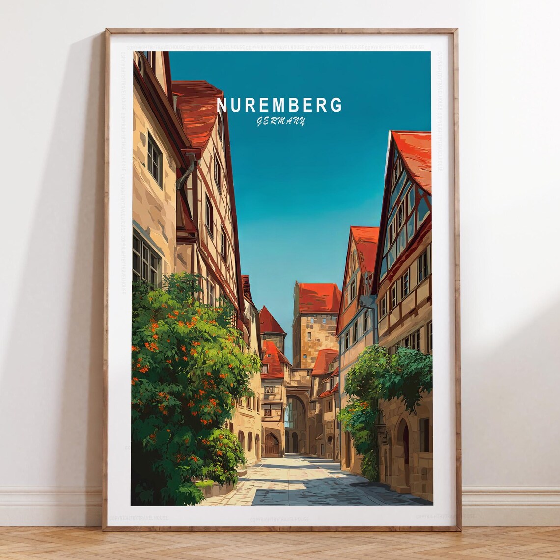 Nuremberg Half Timbered Street Germany Vintage Travel Art Poster