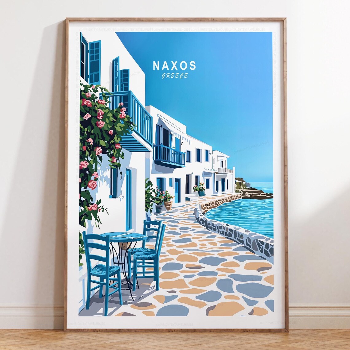 Naxos Greece Travel Poster Whitewashed Street Blue Coast Table Chairs