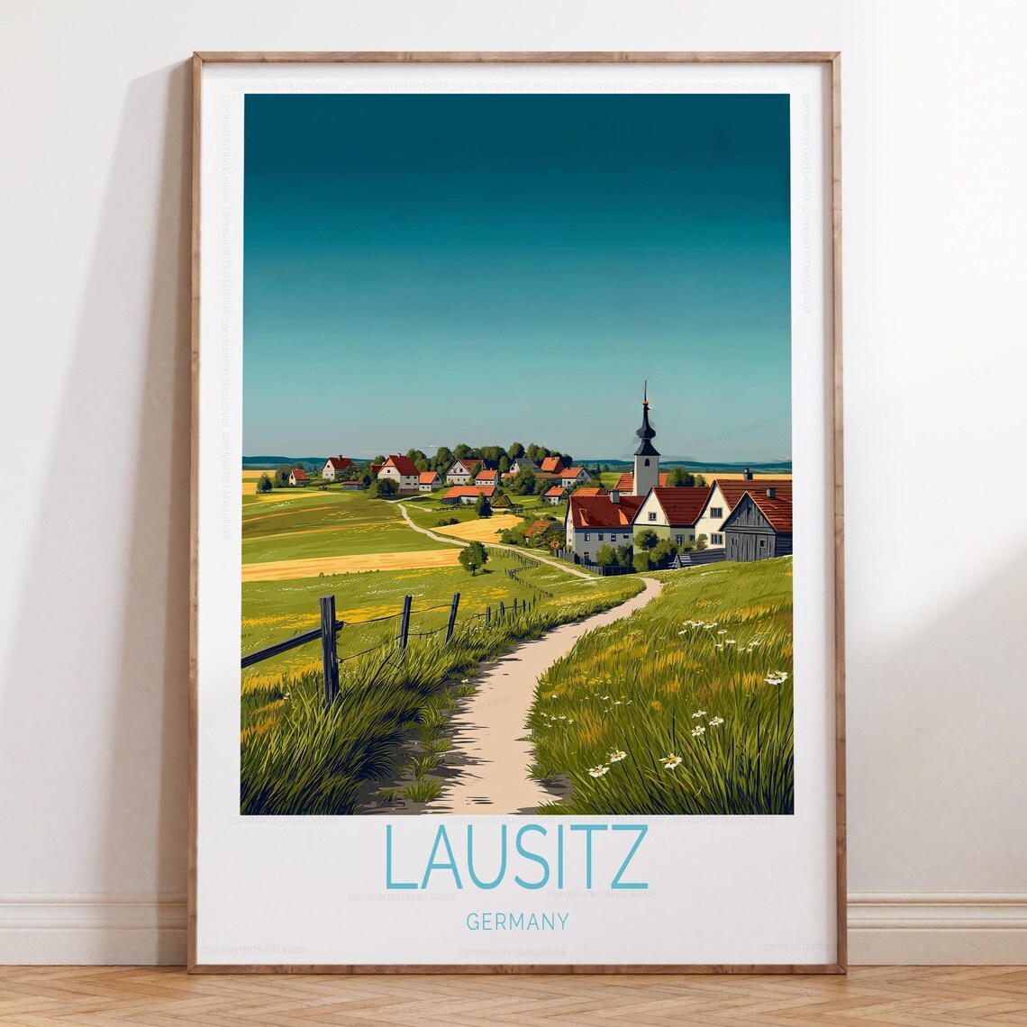 Lausitz Germany Village Church Meadow Path Illustrated Travel Poster