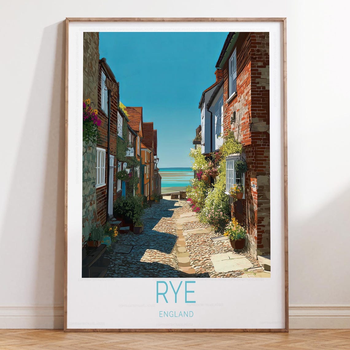 Rye England Flower Lined Cobblestone Street Seaside Travel Poster