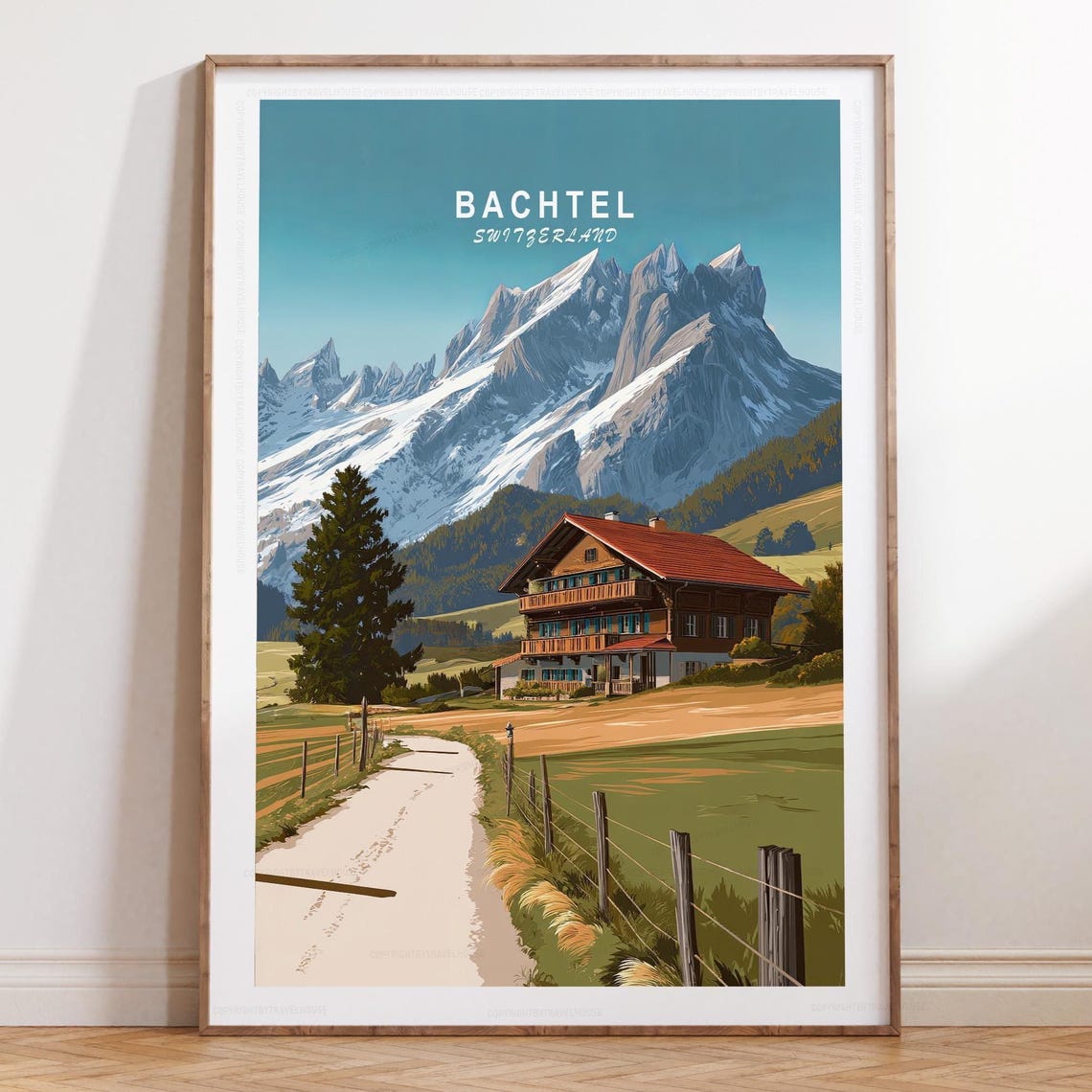 Bachtel Switzerland Alpine Chalet Jagged Peaks Village Poster