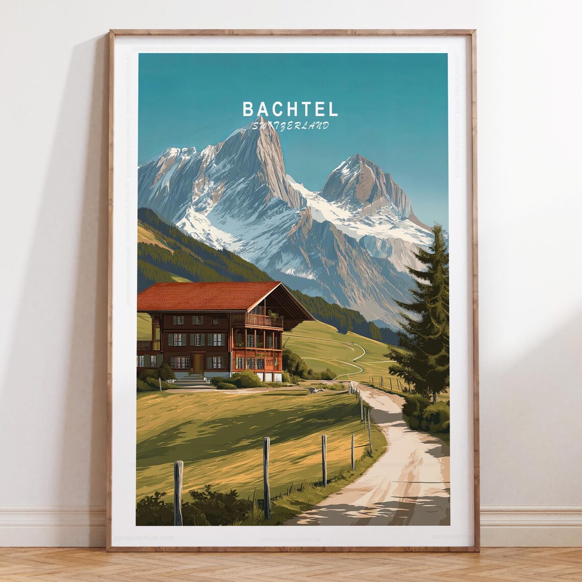 Bachtel Switzerland Snowy Alpine Chalet Meadow Travel Poster