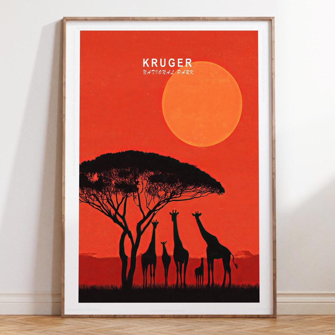 Kruger National Park Sunset Giraffe Silhouette Acacia Travel Poster