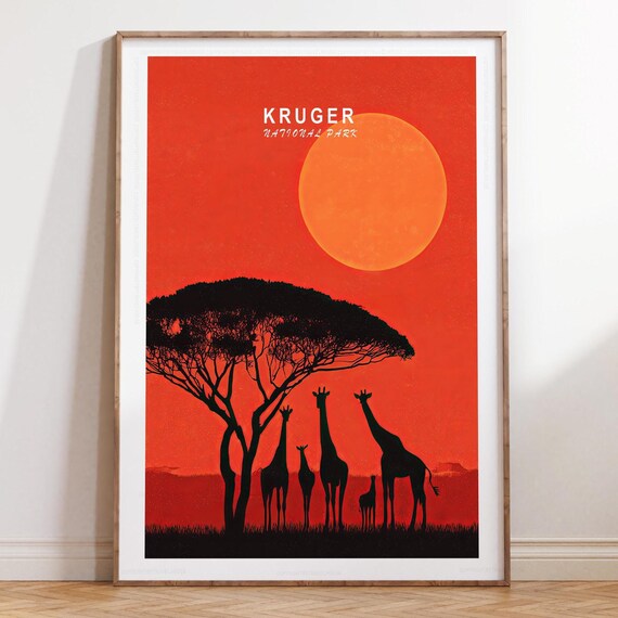 Kruger National Park Sunset Giraffe Silhouette Acacia Travel Poster