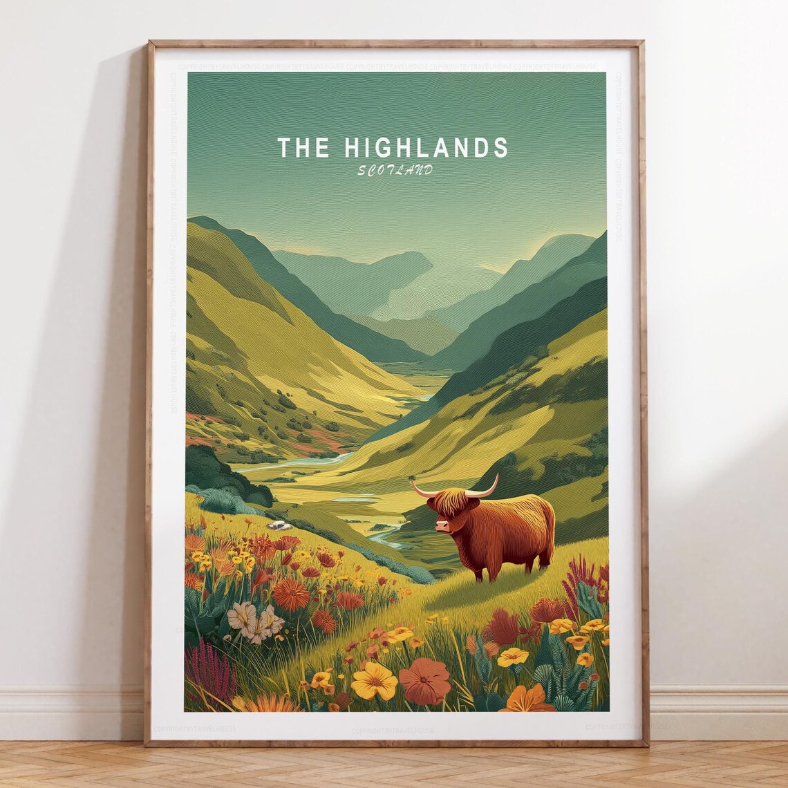 The Highlands Scotland Green Valley Highland Cow Wildflowers Poster