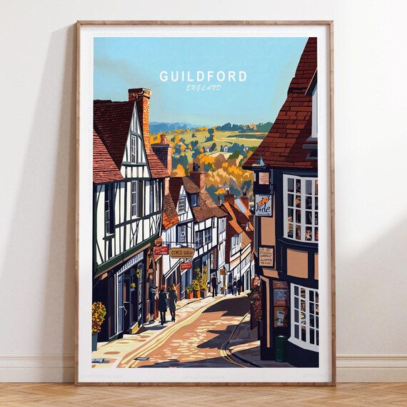 Guildford England Hillside Town Minimalist Clear Blue Sky Poster