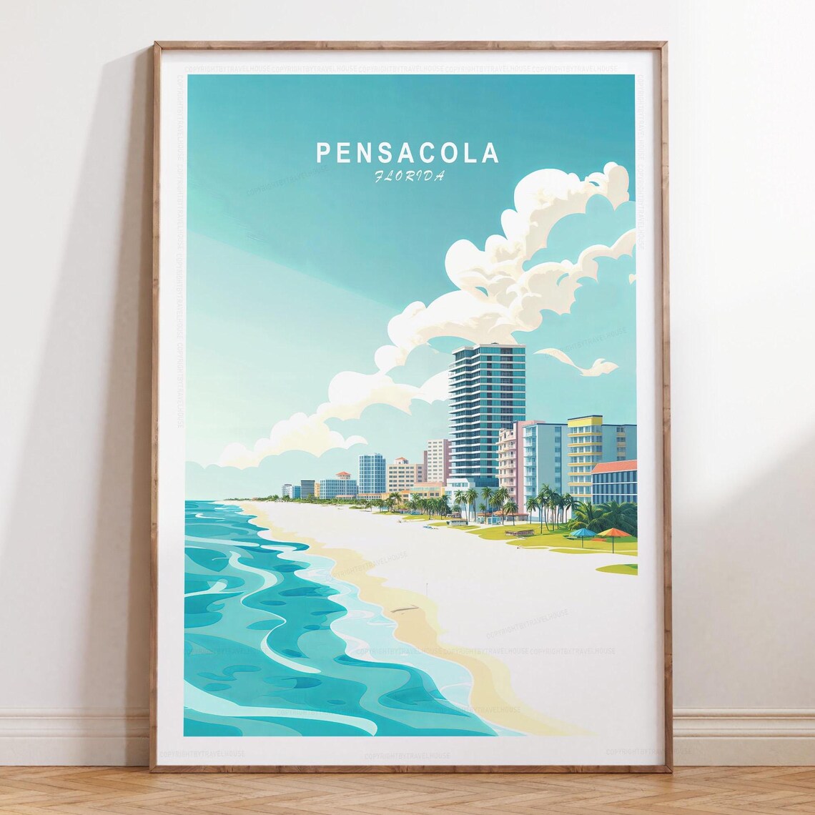 Bright Pensacola Florida Beachfront Skyline Top Title Poster