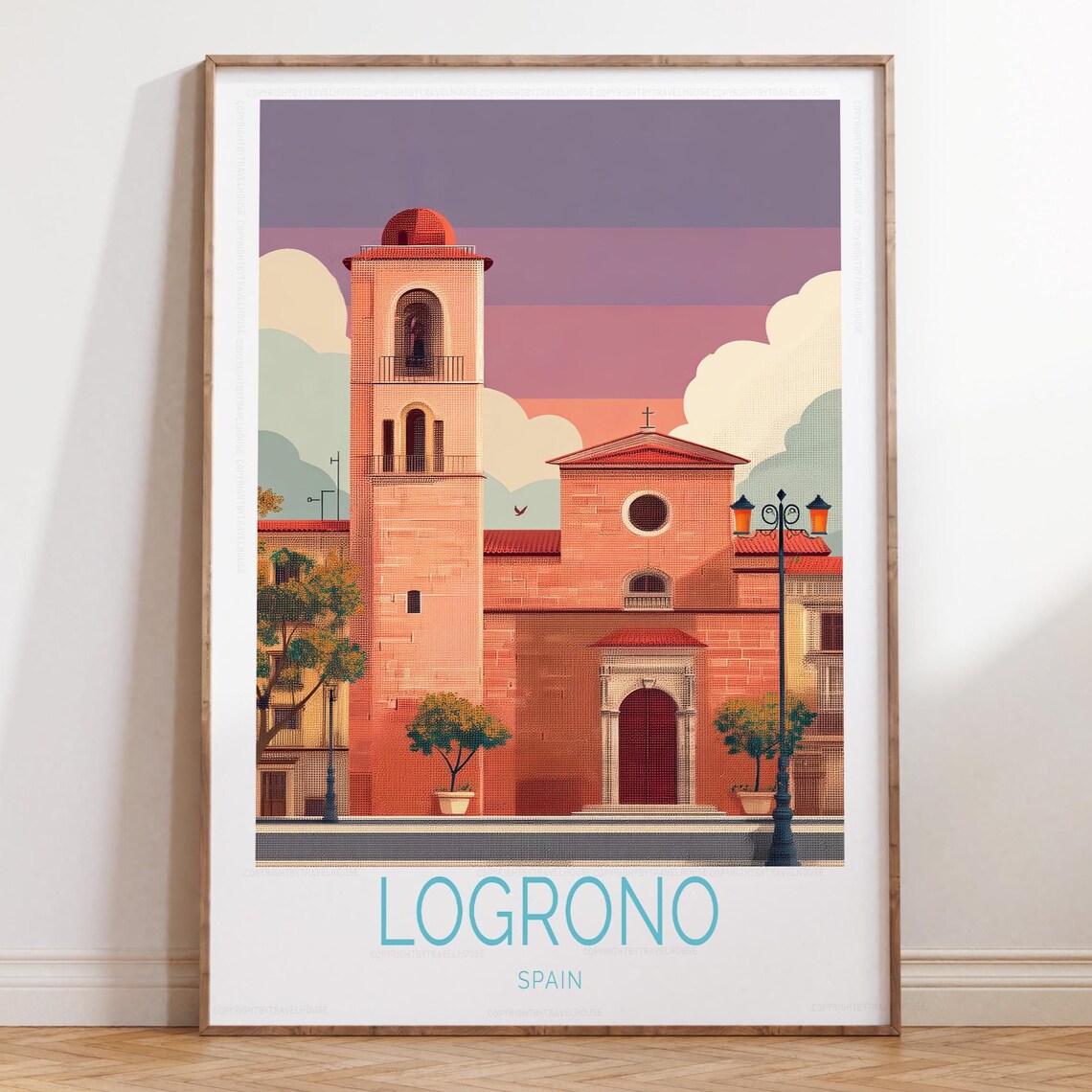 Logrono Spain Brick Church Bell Tower Sunset Glow View Poster