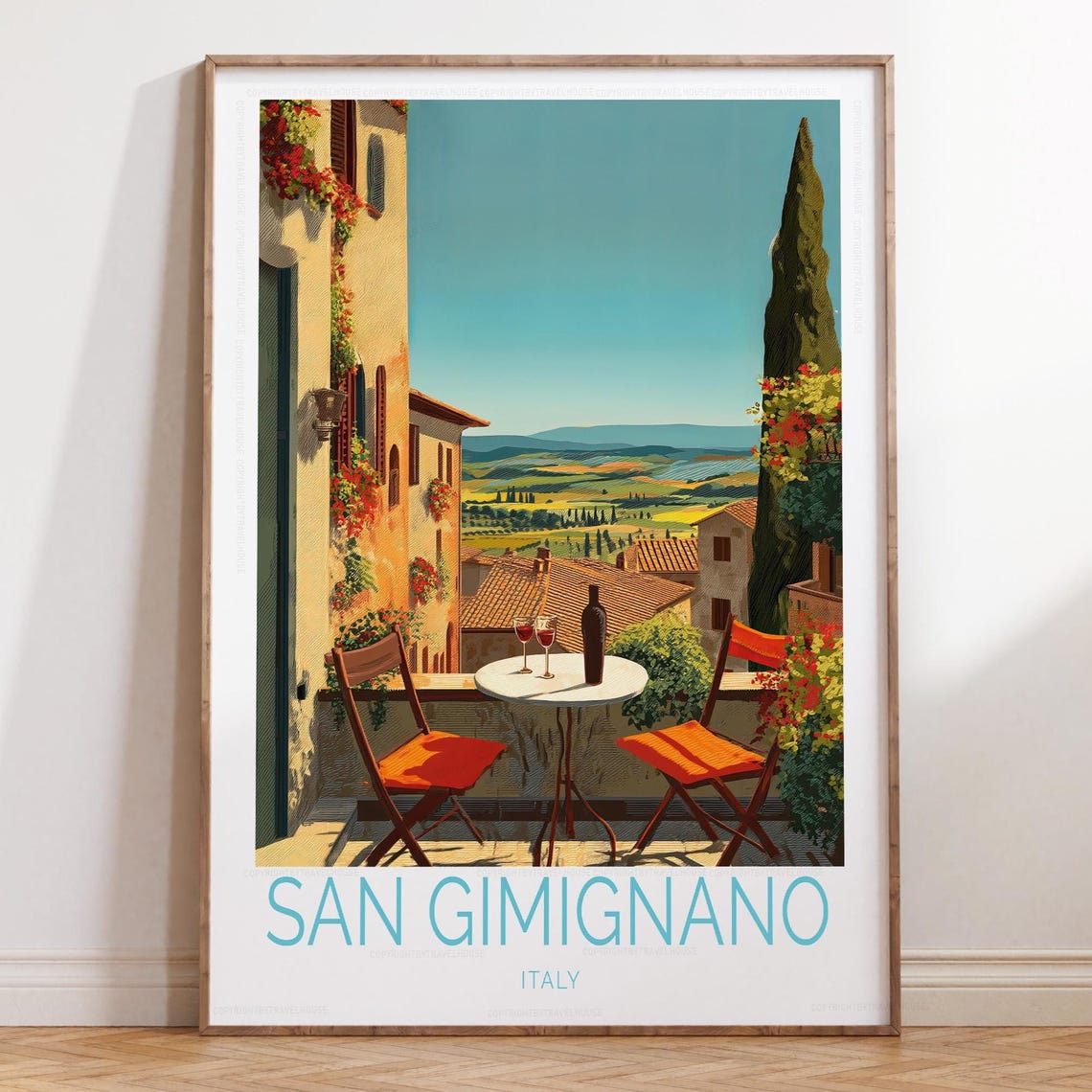 San Gimignano Italy Cypress Terrace With Wine Table Travel Poster